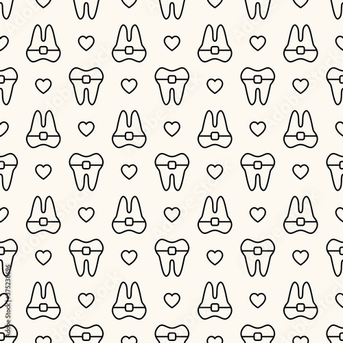 Seamless vector geometric pattern of tooth with brace and hearts. Dental background for stomatology reminder card or digital paper. Concept of dentistry service