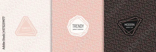 Vector geometric seamless pattern collection with stylish minimal labels. Simple texture with thin diagonal dash lines. Modern background in black, white and pink color. Universal design template 
