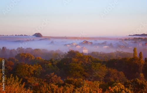 foggy autumn morning in the countryside. beautiful autumn landscape.