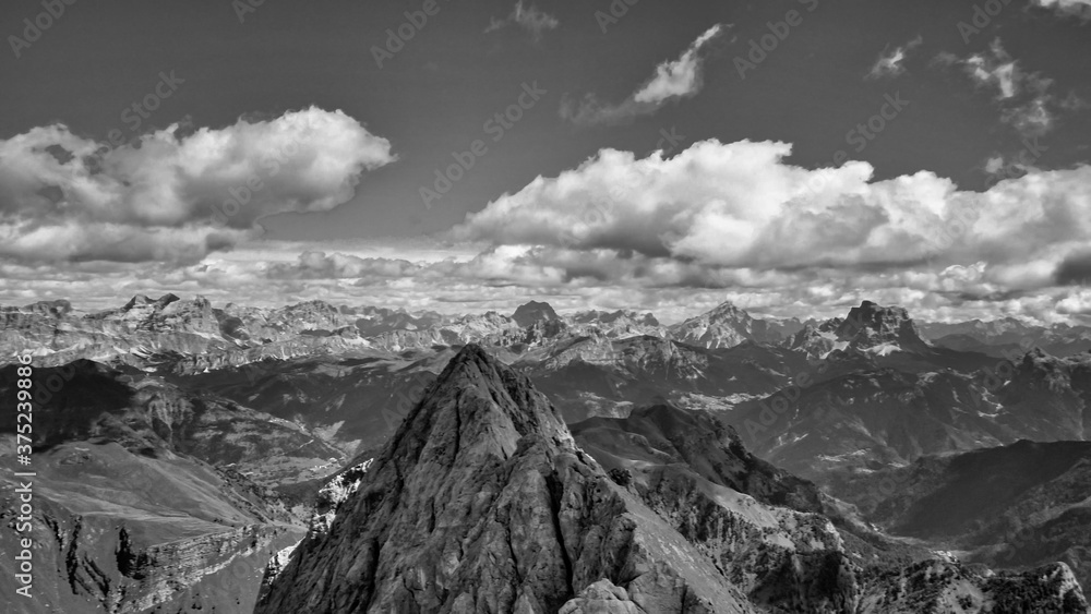 Dolomite Mountains aerial view from Marmolada, Italy