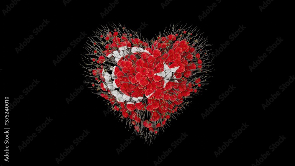Turkey National Day. October 29. Heart shape made out of flowers on black background.