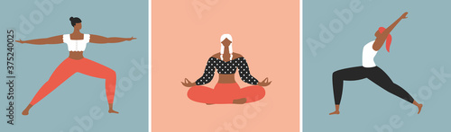 Yoga set. Beautiful women doing yoga, practicing meditation, stretching and working out. Morning gymnastics and fitness. Healthy lifestyle and wellness concept. Flat vector illustration