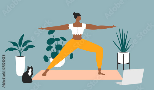 Online workout. Woman doing yoga at home, watching tutorials on a laptop. Sport exercise in a cozy interior. How to keep fit indoors. Flat vector illustration