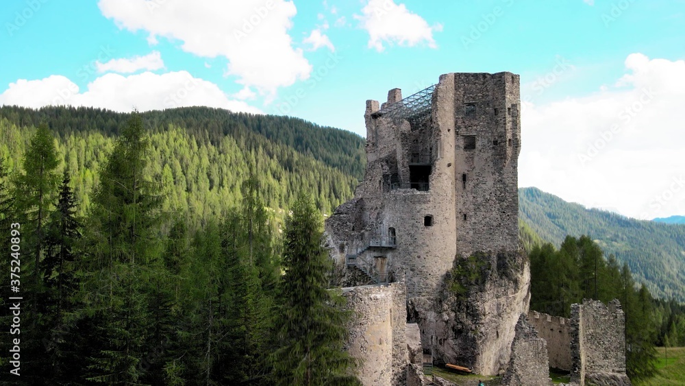 Aerial view of medieval Andraz Castle, Italian Dolomites