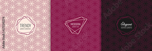 Elegant vector geometric seamless patterns with modern minimal labels. Subtle floral ornament. Textures set with linear flower shapes, diamonds, triangles. Burgundy color background. Premium design