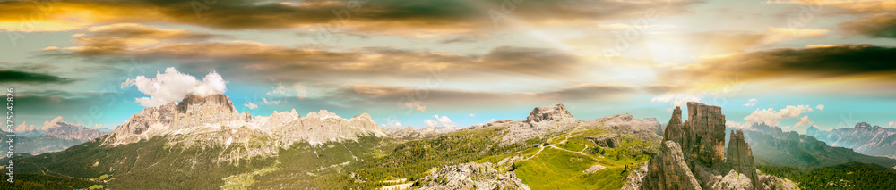 Five Towers, Italian Alps. Amazing summer landscape of Dolomite Mountain Peaks