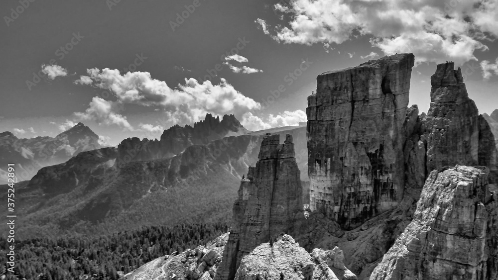 Aerial panoramic mountain landscpae from Five Towers Peaks. Cinque Torri, Dolomite Mountains