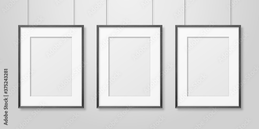 Vector 3d Realistic Three A4 Black Wooden Simple Modern Frame on a White Wall Background. It can be used for presentations. Design Template for Mockup, Front View Vector 3d Realistic Three A4 Black Wooden Simple Modern Frame on a White Wall Background. It can be used for presentations. Design Template for Mockup, Front View
