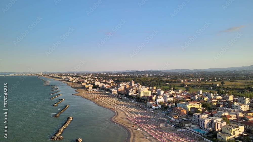 Torre Pedrera Beach, Rimini. Aerial view from drone in summer season