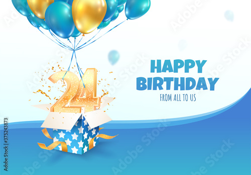 Celebrating of 24 th years birthday vector illustration. Fourteen anniversary celebration. Adult birth day. Open gift box with numbers two and four flying on balloons 