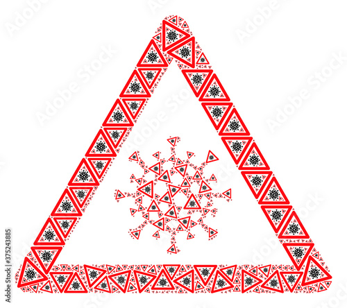 Recursive collage viral warning. Raster collage is created of randomized viral warning icons. Flat raster design on a white background.