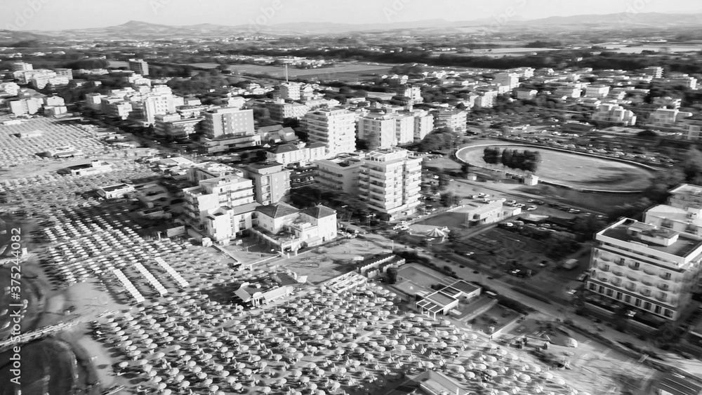 Aerial view of Misano Adriatico Beach from drone in summer season, Italy Aerial view of Misano Adriatico Beach from drone in summer season, Italy
