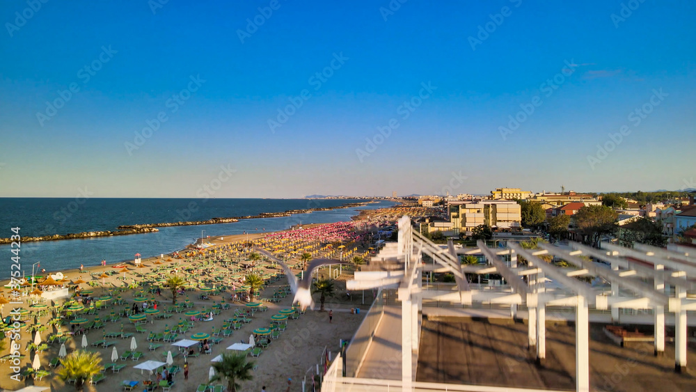 Fototapeta premium Aerial view of Torre Pedrera Beach from drone in summer season, Rimini, Italy
