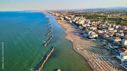 Aerial view of Torre Pedrera Beach from drone in summer season, Rimini, Italy © jovannig