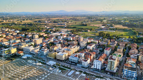 Aerial view of Torre Pedrera Beach from drone in summer season, Rimini, Italy