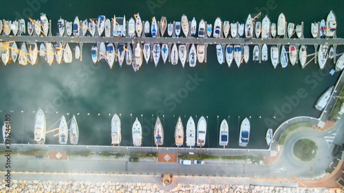 Overhead aerial view of Rimini Port with docked Boats, Italy