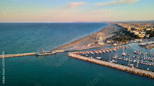 Overhead aerial view of Rimini Port with docked Boats, Italy