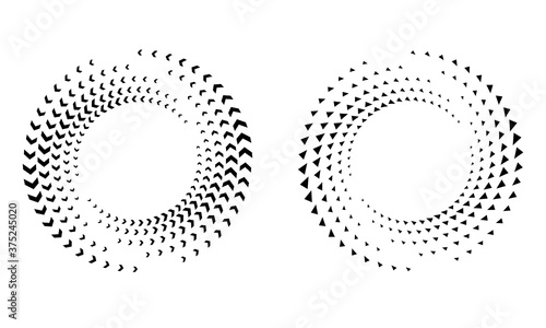 Halftone round as icon or background. Black abstract vector circle frame with arrows and triangles as logo or emblem.