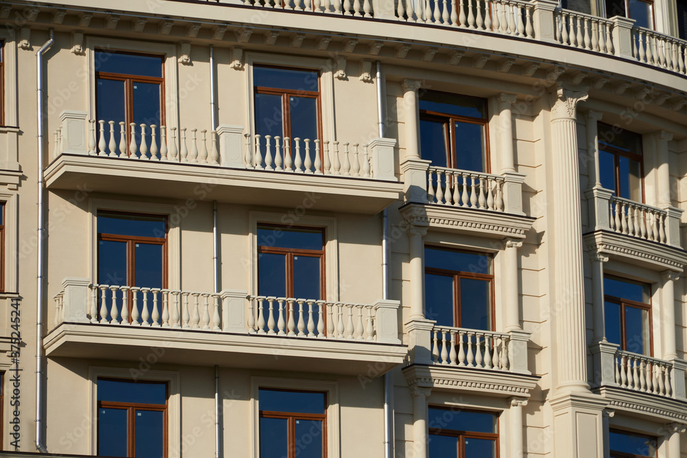 facade of the new building as a background, retro style exterior