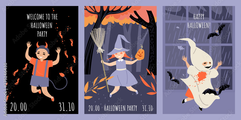 Set of vector invitation cards for halloween party with kids in costumes and autumn backgrounds.