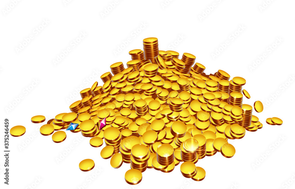 Big golden mountain scattering of coins isolate illustration realism. A