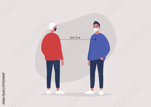 Social distancing concept, coronavirus outbreak, two characters wearing face masks and keeping a 2 m or 6 ft distance between each other, bacteria spreading prevention