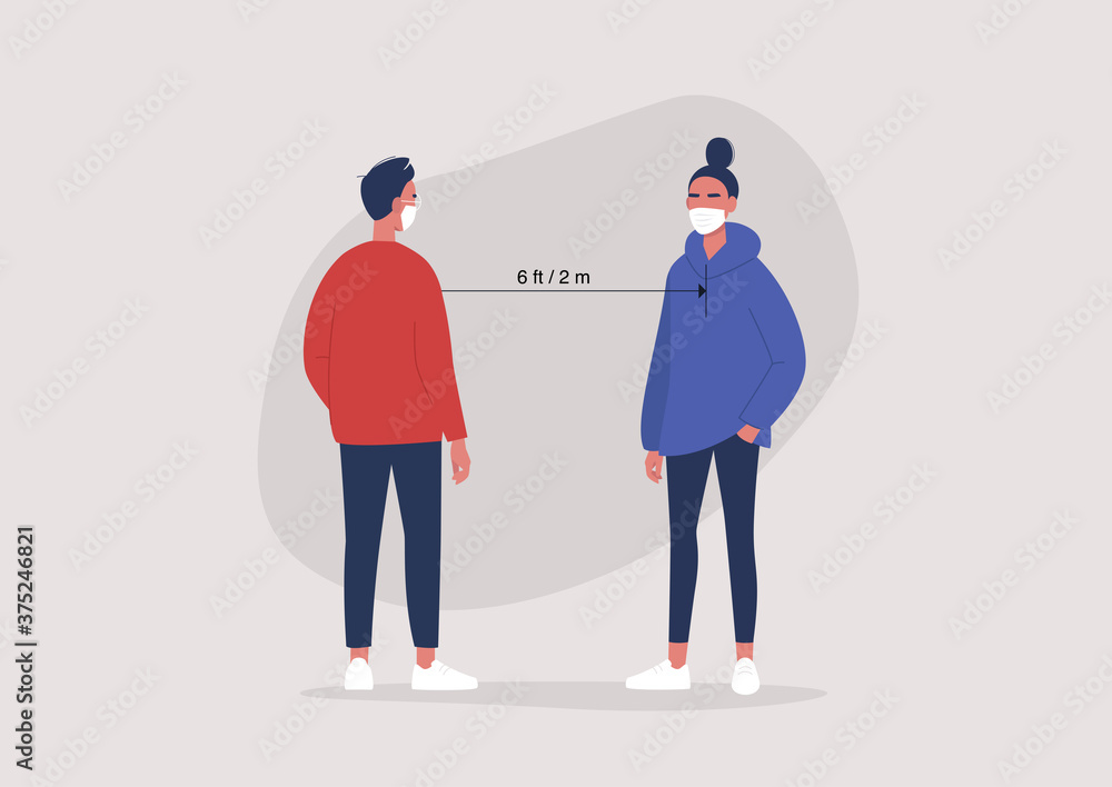 Social distancing concept, coronavirus outbreak, two characters wearing face masks and keeping a 2 m or 6 ft distance between each other, bacteria spreading prevention Social distancing concept, coronavirus outbreak, two characters wearing face masks and keeping a 2 m or 6 ft distance between each other, bacteria spreading prevention
