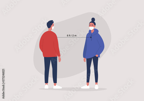 Social distancing concept, coronavirus outbreak, two characters wearing face masks and keeping a 2 m or 6 ft distance between each other, bacteria spreading prevention