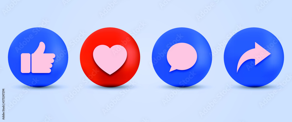 LIKE LOVE COMMENT SHARE ICONS in 3d circle with love, heart, speech, repost icon LIKE LOVE COMMENT SHARE ICONS in 3d circle with love, heart, speech, repost icon