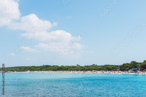 Fototapeta Naklejka Na Ścianę i Meble -  Maritime beach landscape in Majorca. Horizon with sea shore, people swimming and vegetation behind with blue sky. Minimalist composition