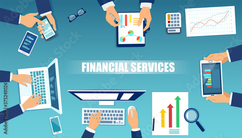vector of business people working at desk on financial growth analysis