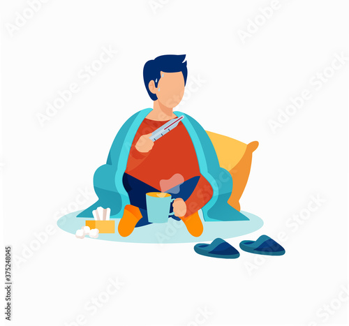 Vector of a sick man with a thermometer wrapped in blanket