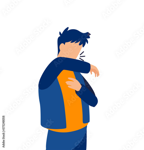 Vector of a sick man sneezing and covering his mouth with elbow.