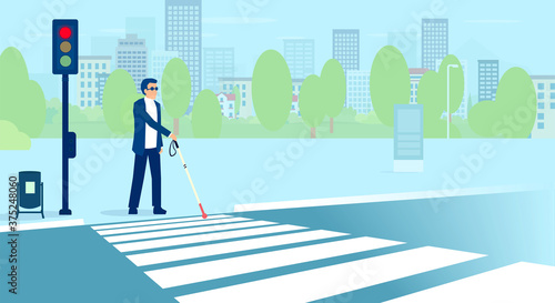 Vector of blind man with sunglasses and cane crossing the street