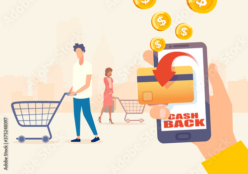 Vector of shopping people using credit or debit card earning bonus cash back money
