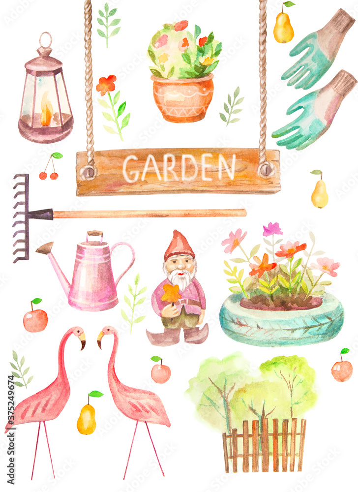 Set of items on the theme of the garden. Watercolor items. Set of items on the theme of the garden. Watercolor items.
