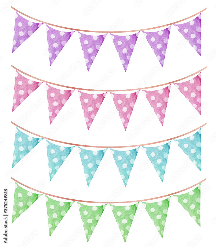 watercolor pastel color party buntings with triangle flags set isolated on white background for birthday decor, greeting cards