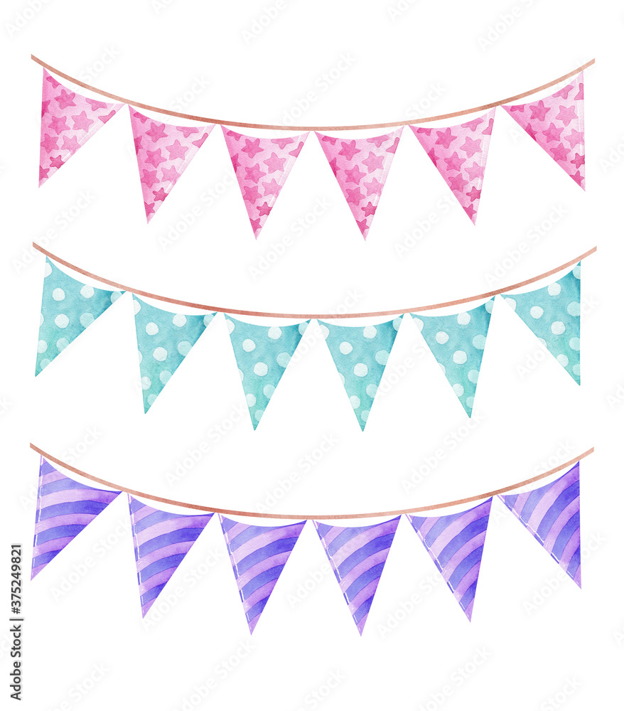 watercolor party flags garland pastel color isolated on white background . For baby shower decoration, greeting cards, newborn party