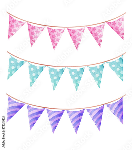 watercolor party flags garland pastel color isolated on white background . For baby shower decoration, greeting cards, newborn party