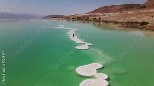 Salt crystals on the surface of Dead sea, Israel, aerial view of Israel's dead sea