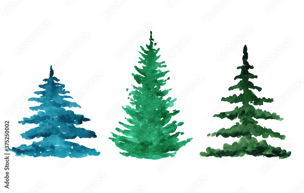 watercolor green trees shapes set isolated on white background