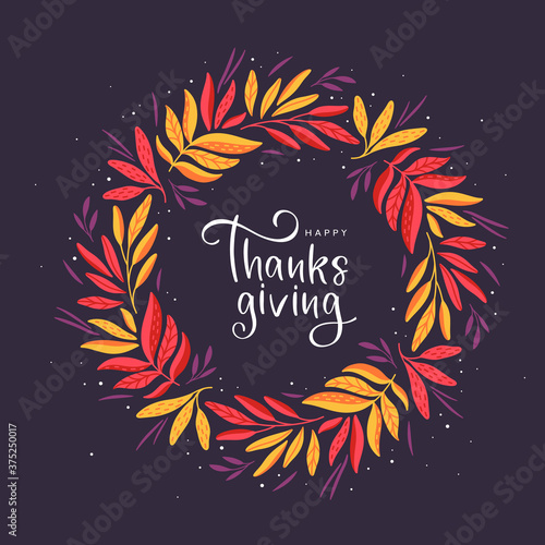 Happy thanksgiving wreath with red and orange leaves