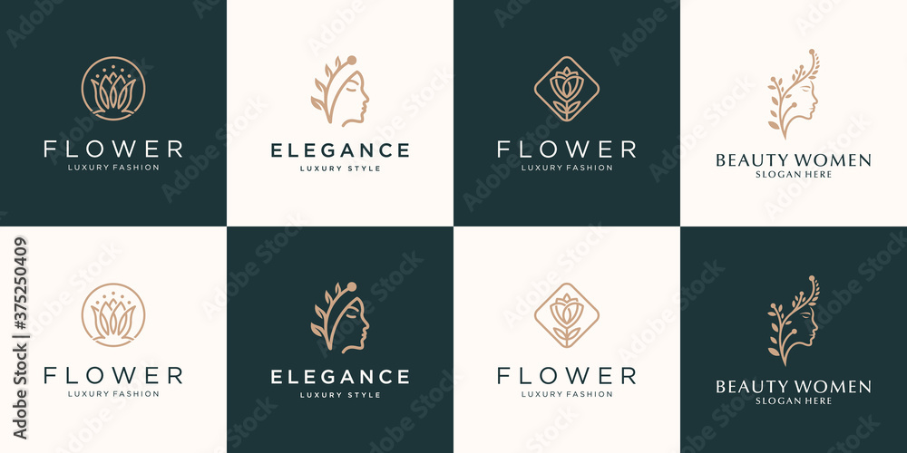 Naklejka premium Set collection feminine luxury beauty face women lotus flower and leaf logo design vector