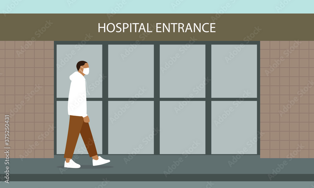 Male character in medical mask goes to the hospital entrance
Male character in medical mask goes to the hospital entrance