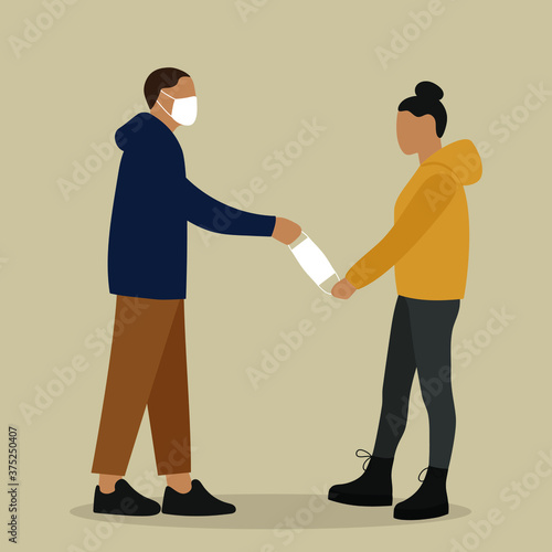 Male character in medical mask gives a mask to female character