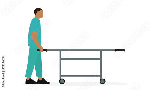 Male nurse in uniform with medical wheeled stretcher on a white background