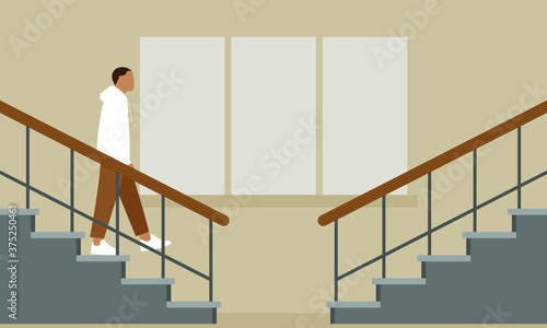 Male character descends the stairs