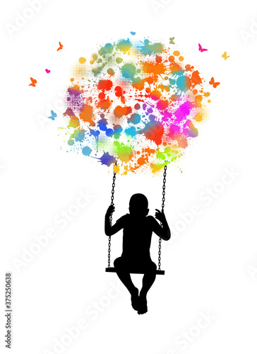 Abstraction boy swinging on a swing. Vector illustration