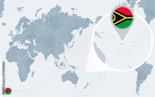 Pacific Centered World map with magnified Vanuatu. Flag and map of Vanuatu.