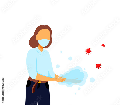Washing hands to sanitize and disinfect COVID-19 Coronavirus pathogens from your hands concept, woman washing hands with alcohol gel or soap with bubbles and COVID-19 virus pathogen on her hands.
